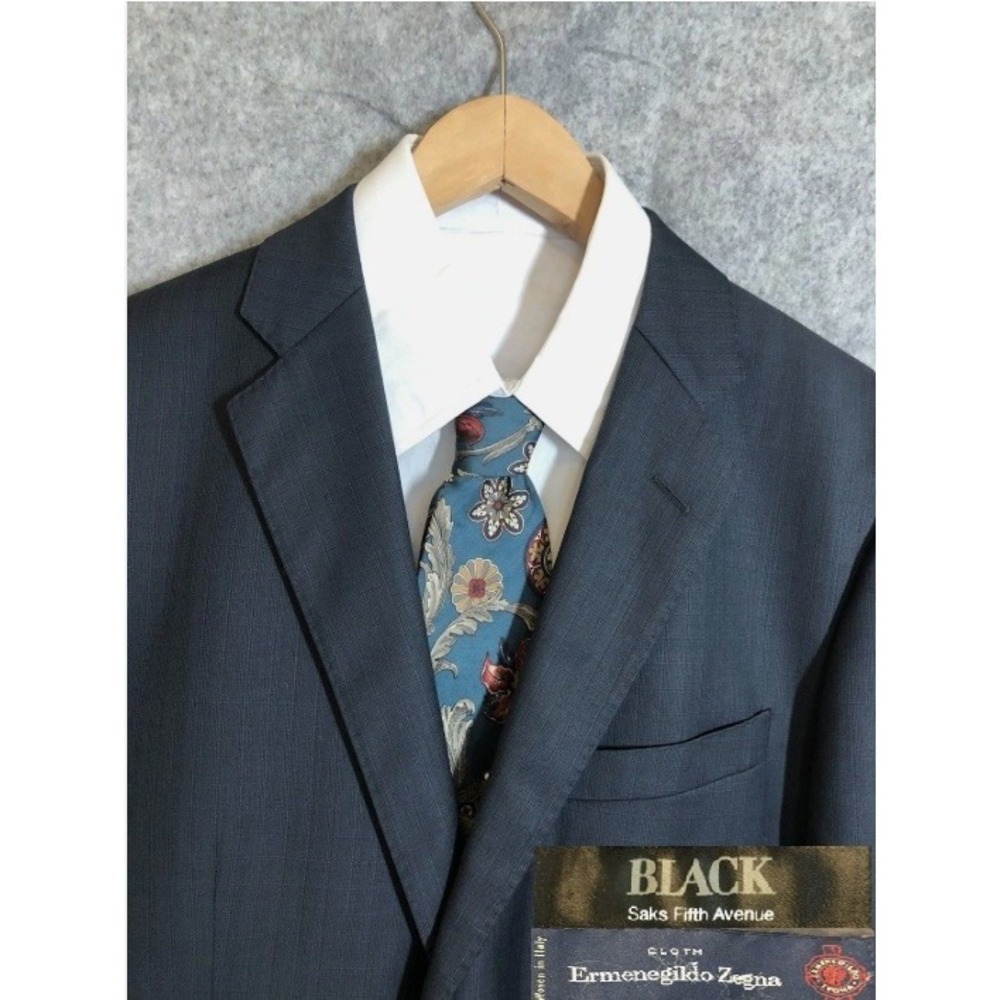 Saks Fifth Avenue Blazer 42L Black Wool Suit Coat Jacket‎ Slim Fit Zegna Cloth